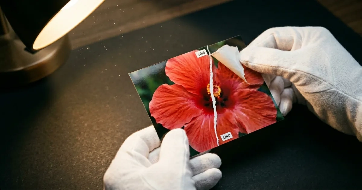 A torn print test strip comparing JPEG quality 95 against quality 40, held under a desk lamp