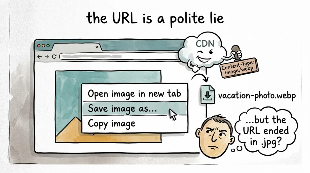 Comic showing a browser right-click menu, a CDN cloud sending a Content-Type header, and a downloaded file named vacation-photo.webp despite the URL ending in .jpg